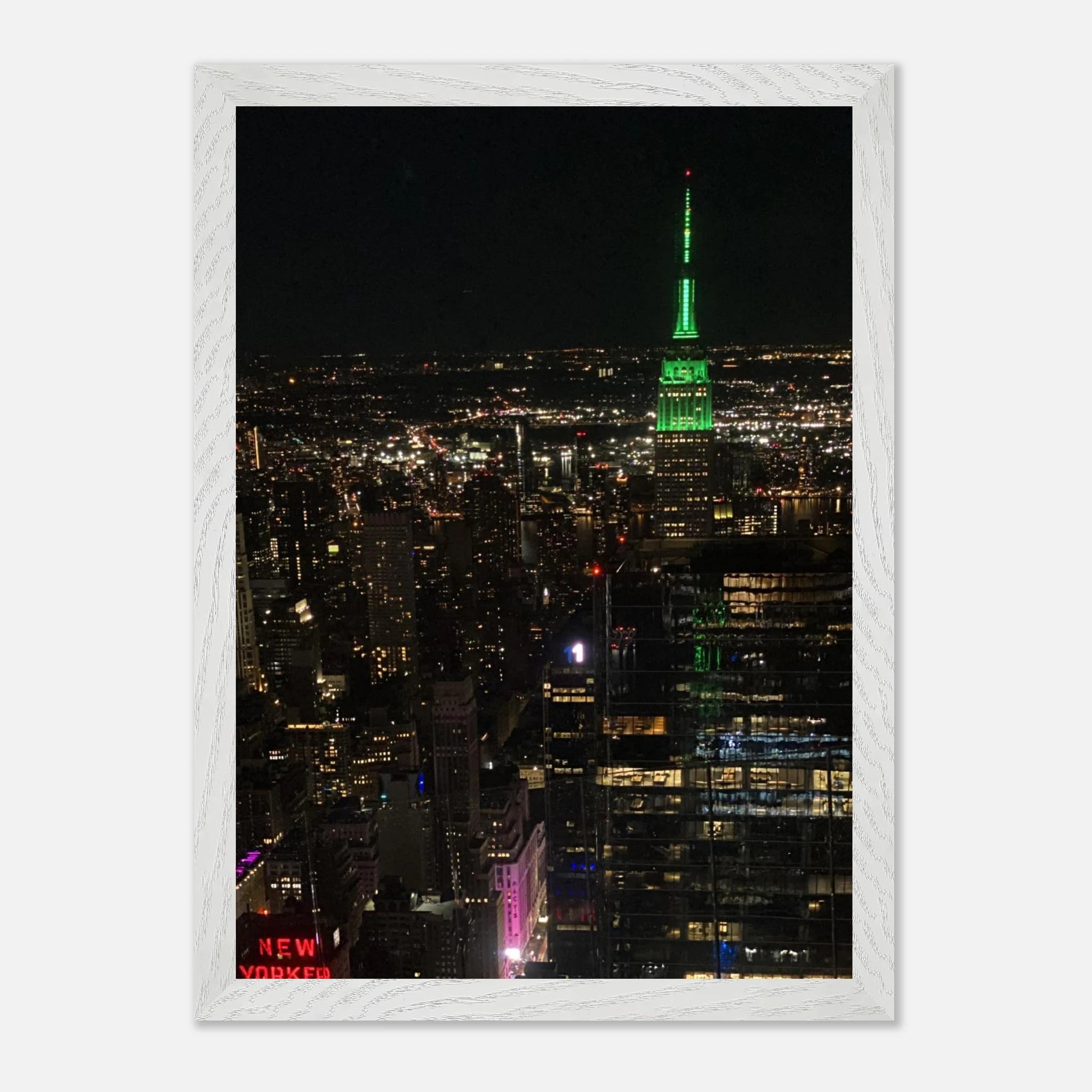 Wood mounted framed poster of iconic NYC downtown night view with Empire State Building, part of the Studio Edition travel collection.