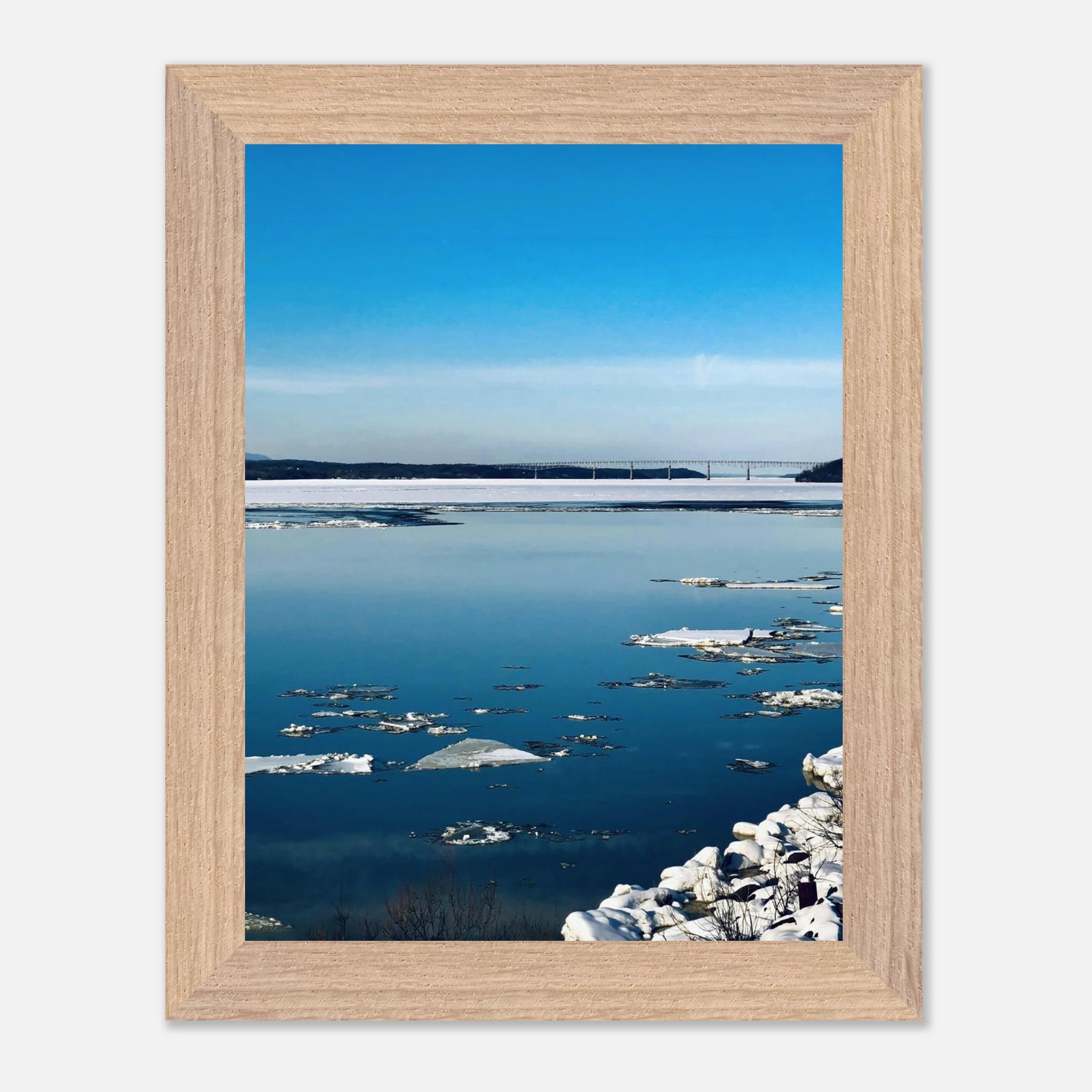 Wooden framed Hudson Valley winter poster print by My Store, featuring snowy landscape and travel-inspired winter scene.