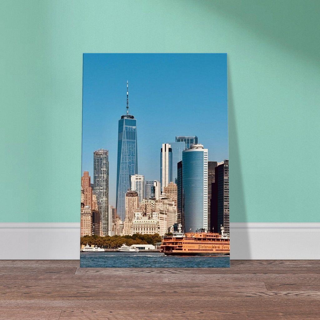 NYC skyline canvas print featuring the World Trade Center and Staten Island Ferry, part of the Travel Collection, studio edition.