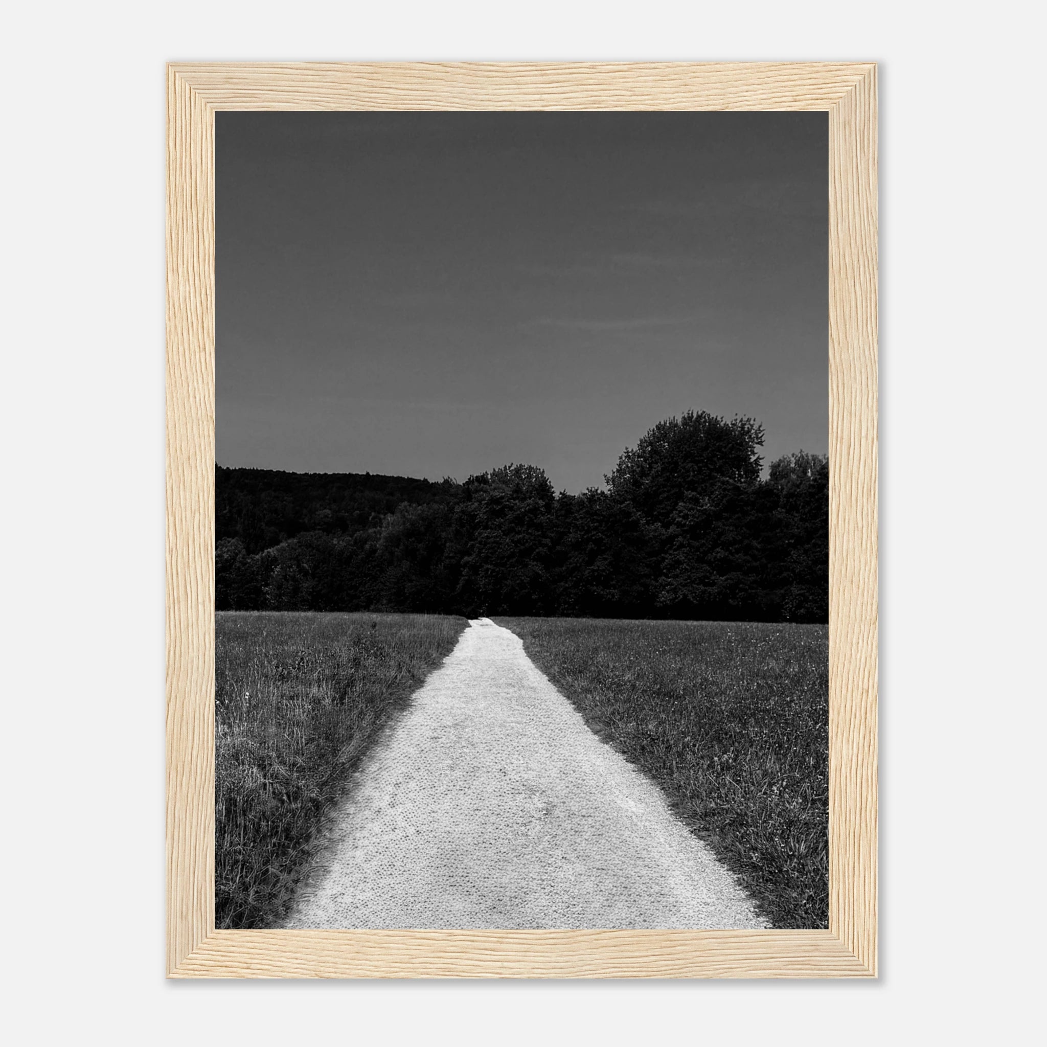 Semi-glossy paper wooden framed poster of a black and white summer road scene from the Travel Collection, Studio Edition, Holiday 25.