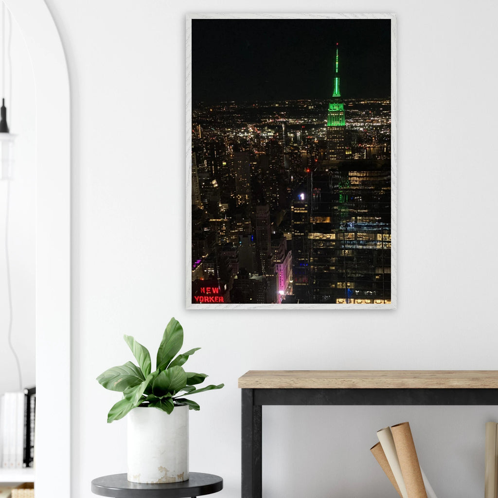 Premium wood-mounted framed poster of NYC Downtown night view with Empire State Building, part of Studio Edition travel collection.