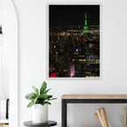 Premium wood-mounted framed poster of NYC Downtown night view with Empire State Building, part of Studio Edition travel collection.