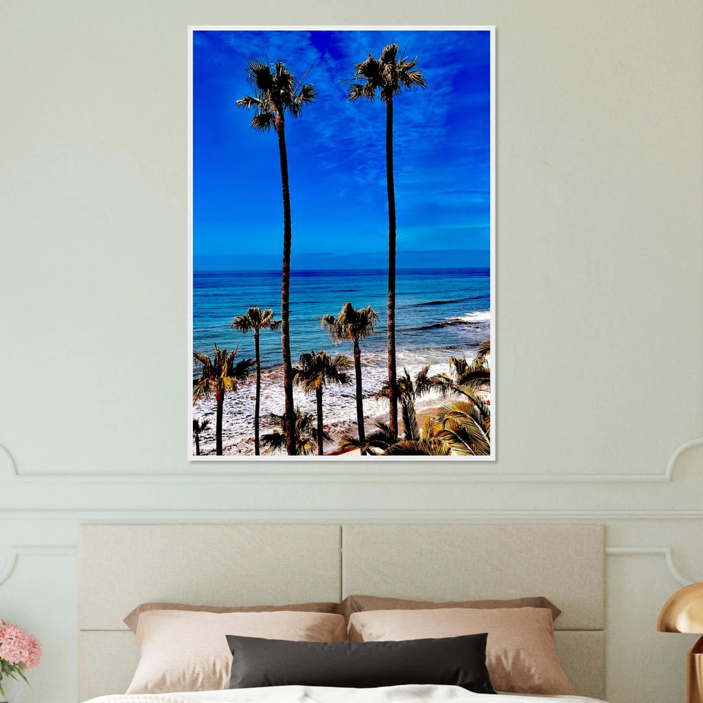 Framed Malibu Palm Tree Family art print by CaliCuration, showcasing California-inspired spring scene with vibrant colors and detailed design.