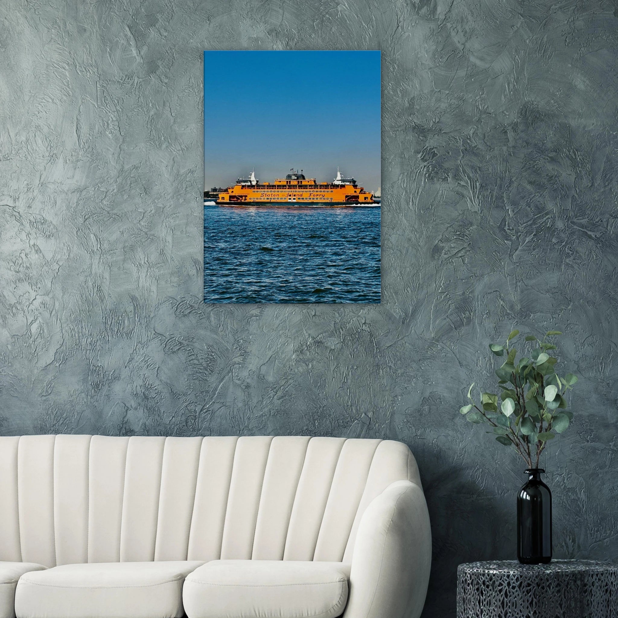 NYC skyline canvas print featuring the iconic Staten Island Ferry, part of CaliCuration's Travel Collection, studio edition artwork