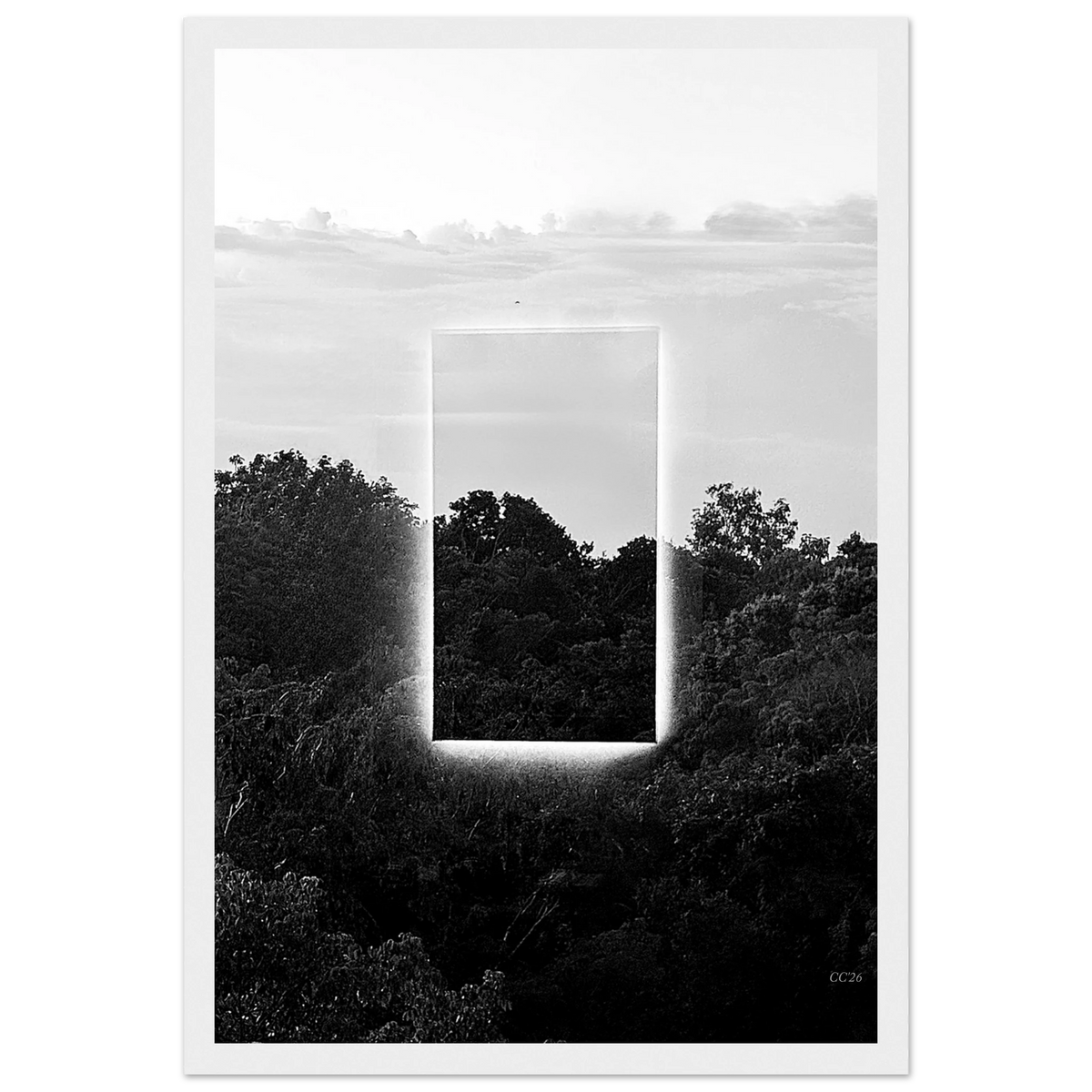 Black and white print titled "A Window into Jungle Stillness" by CaliCuration, showcasing a serene jungle scene in an exclusive edition.