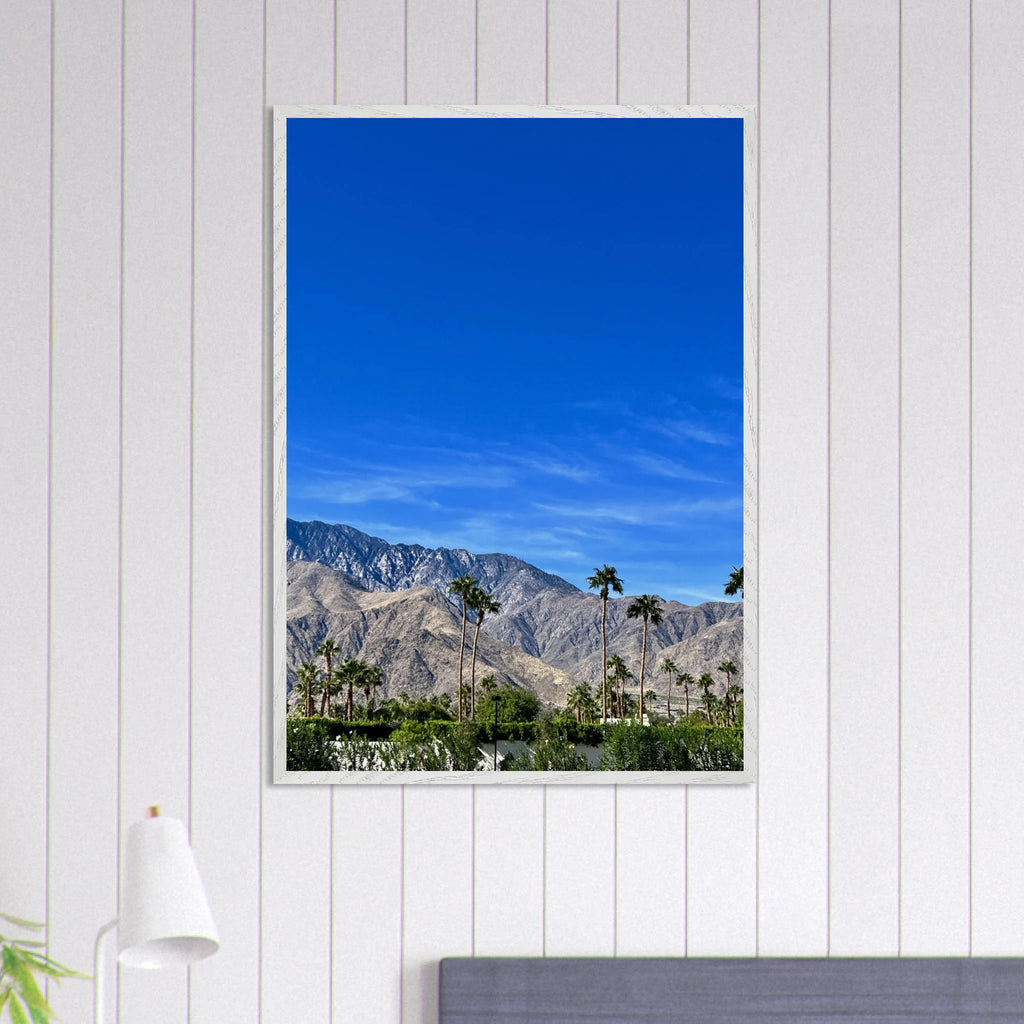 Premium wooden framed poster of a sunny fall day in Palm Springs, California, featuring vibrant autumn scenery artwork.