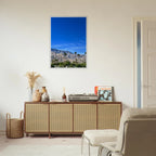 Wooden framed poster of a sunny fall day in Palm Springs, California, featuring vibrant autumn colors and scenic landscape artwork.