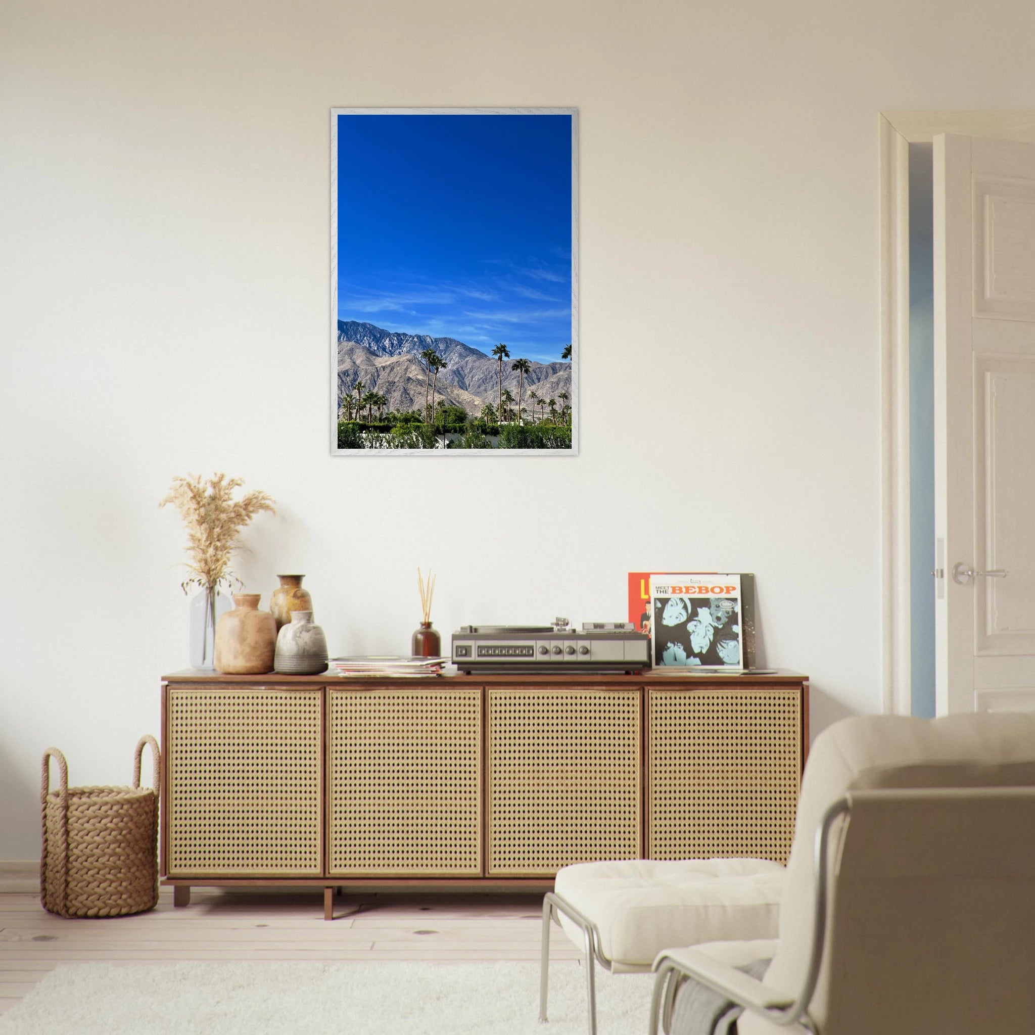 Premium wooden framed poster of a sunny fall day in Palm Springs California, showcasing vibrant autumn scenery in a studio edition print