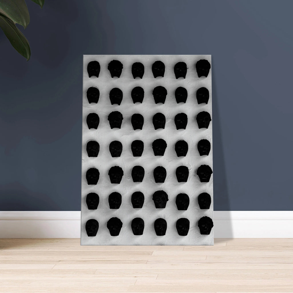 Black and white monochrome skull grid canvas wall art, minimalist statement photography for modern interior decor.