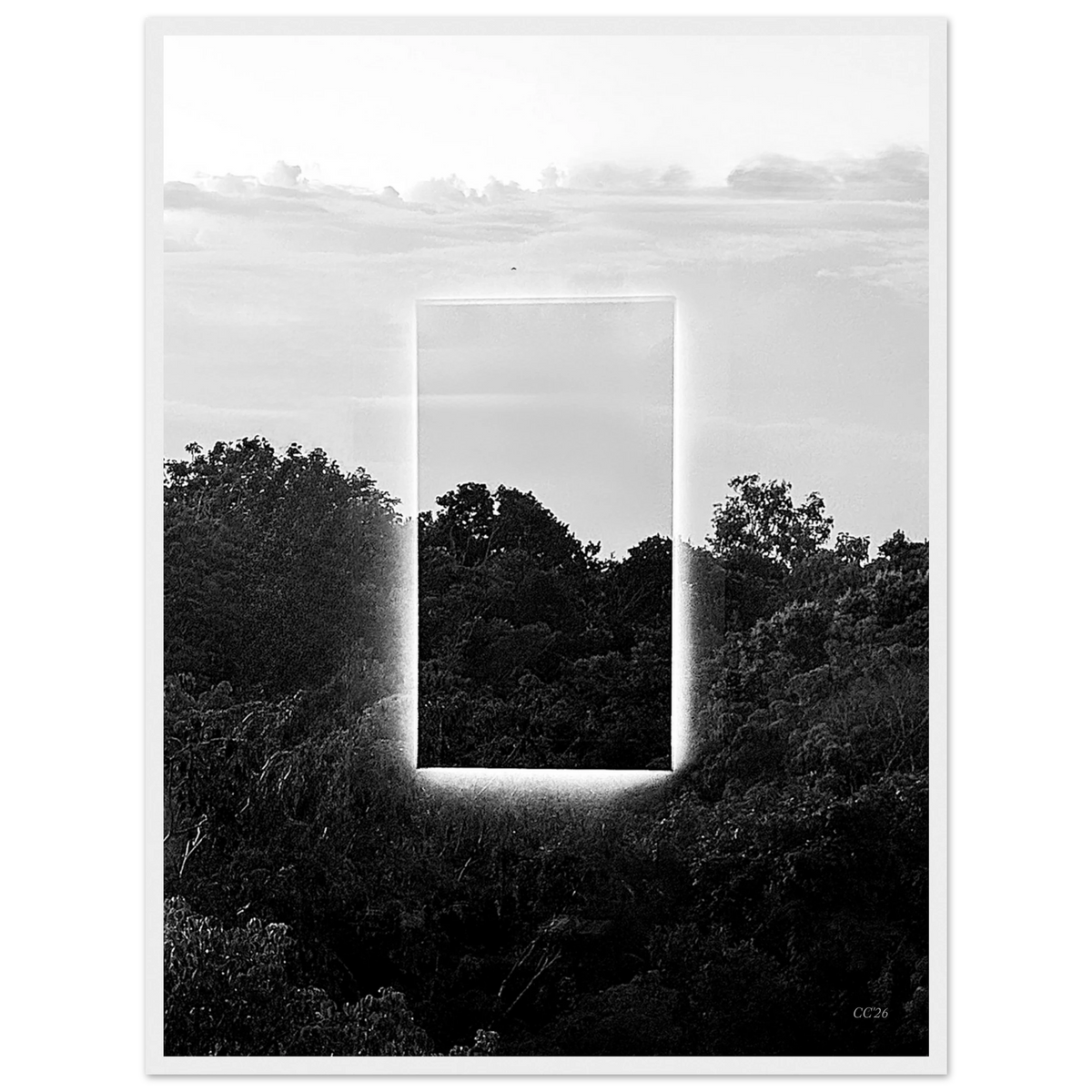 Black and white print titled "A Window into Jungle Stillness" by CaliCuration, showcasing a tranquil jungle scene.
