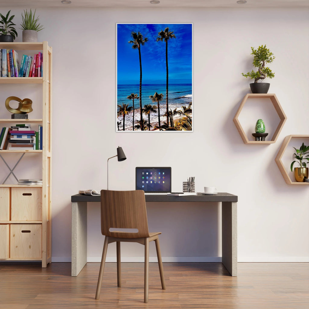 Malibu Palm Tree Family framed art print by CaliCuration, California-themed coastal scene on high-quality print material.