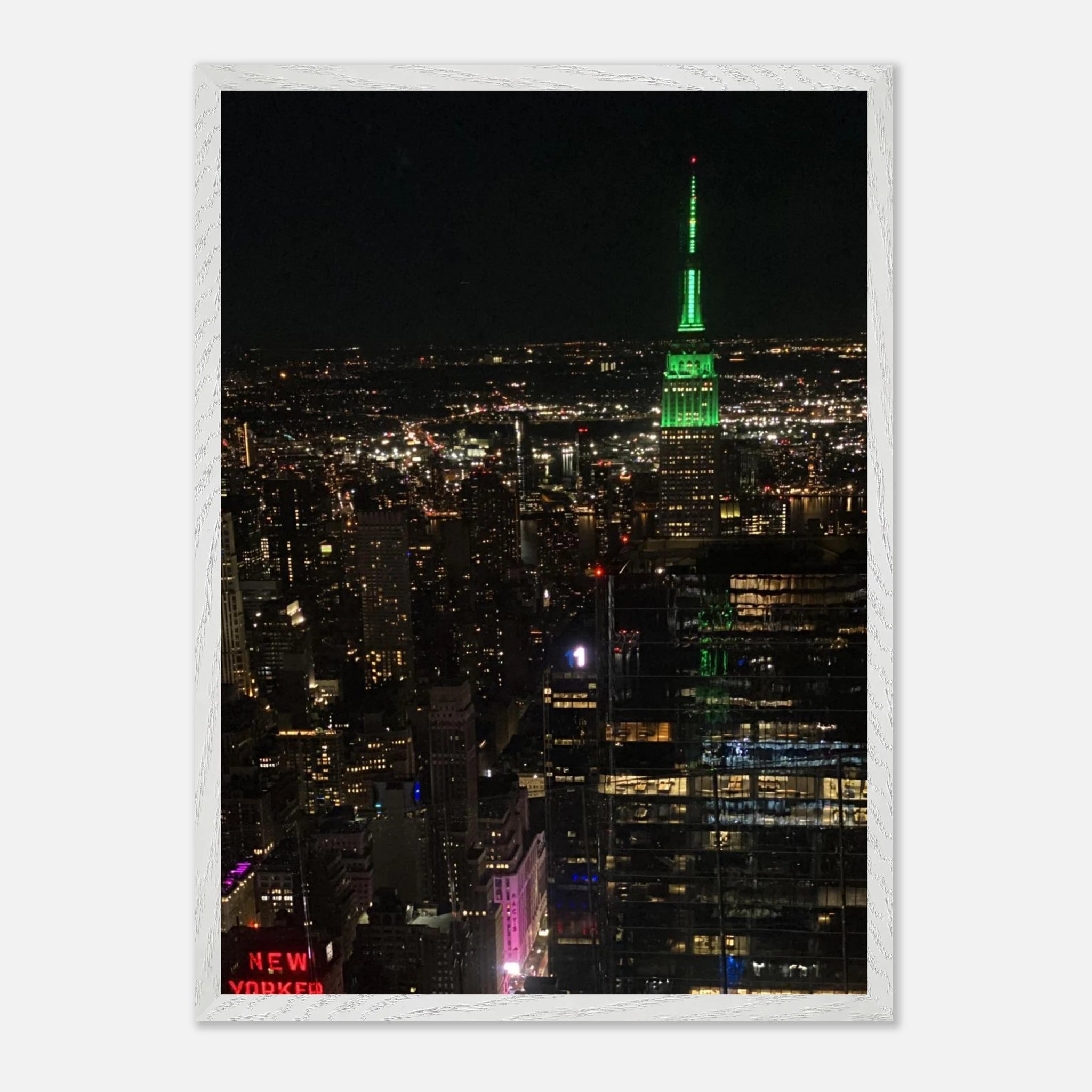 Wood mounted framed poster of NYC downtown night view featuring the Empire State Building, from the Travel Collection studio edition.
