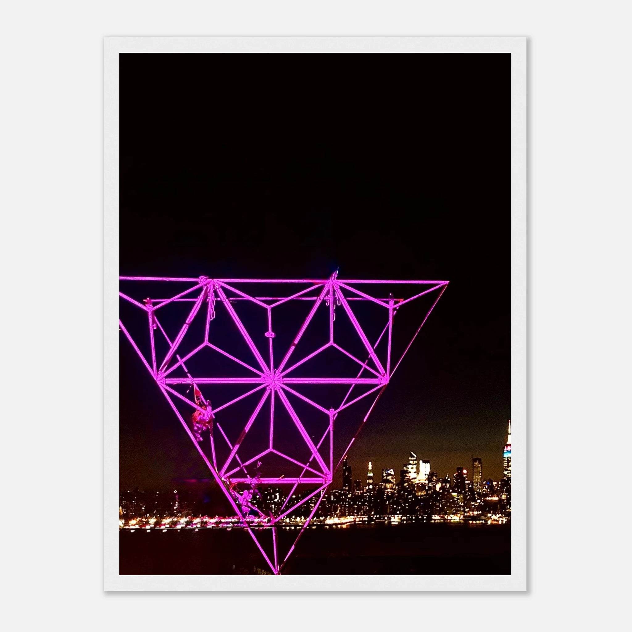 Framed print of New York City holiday art installation featuring a Manhattan night view with Empire State Building, in purple hues.