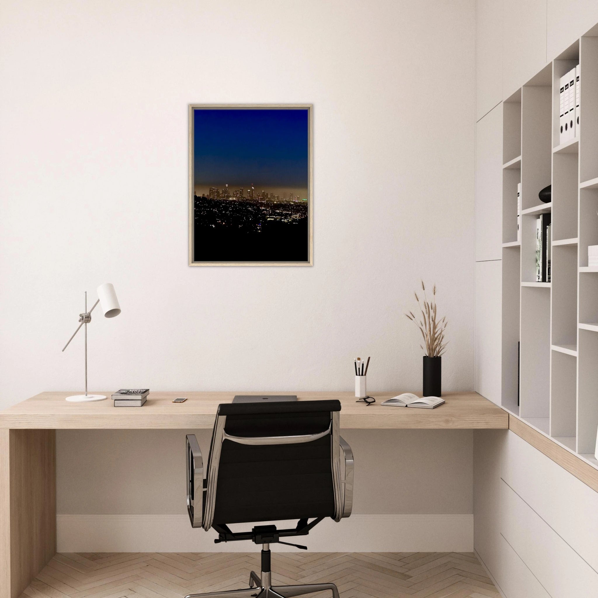 Premium wooden framed canvas print of Los Angeles Downtown Nightglow, elegant home wall art, California Studio Edition.
