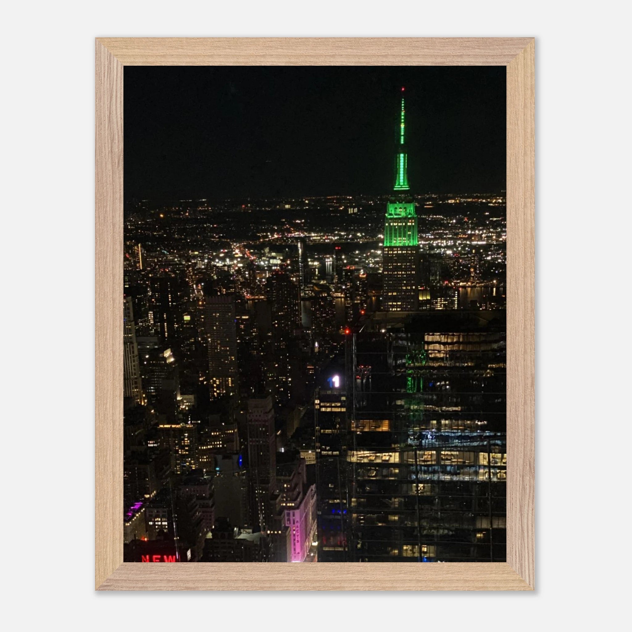 Wood mounted framed poster of NYC downtown night view with Empire State Building, part of the Travel Collection, Studio Edition.