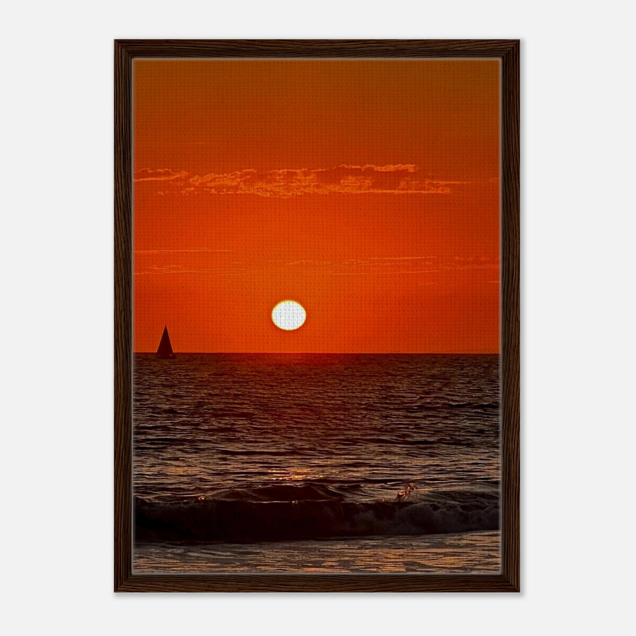 Framed canvas print of California Red Sunset Series 1/3 by CaliCuration, featuring vibrant red and orange sunset hues.