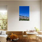 Premium wooden framed poster of a sunny fall day in Palm Springs, California, featuring vibrant autumn scenery.