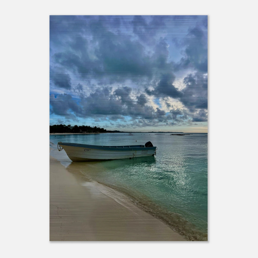 Brushed aluminum print of a serene Caribbean beach scene featuring a fisherboat, part of CaliCuration's Tulum travel art collection.
