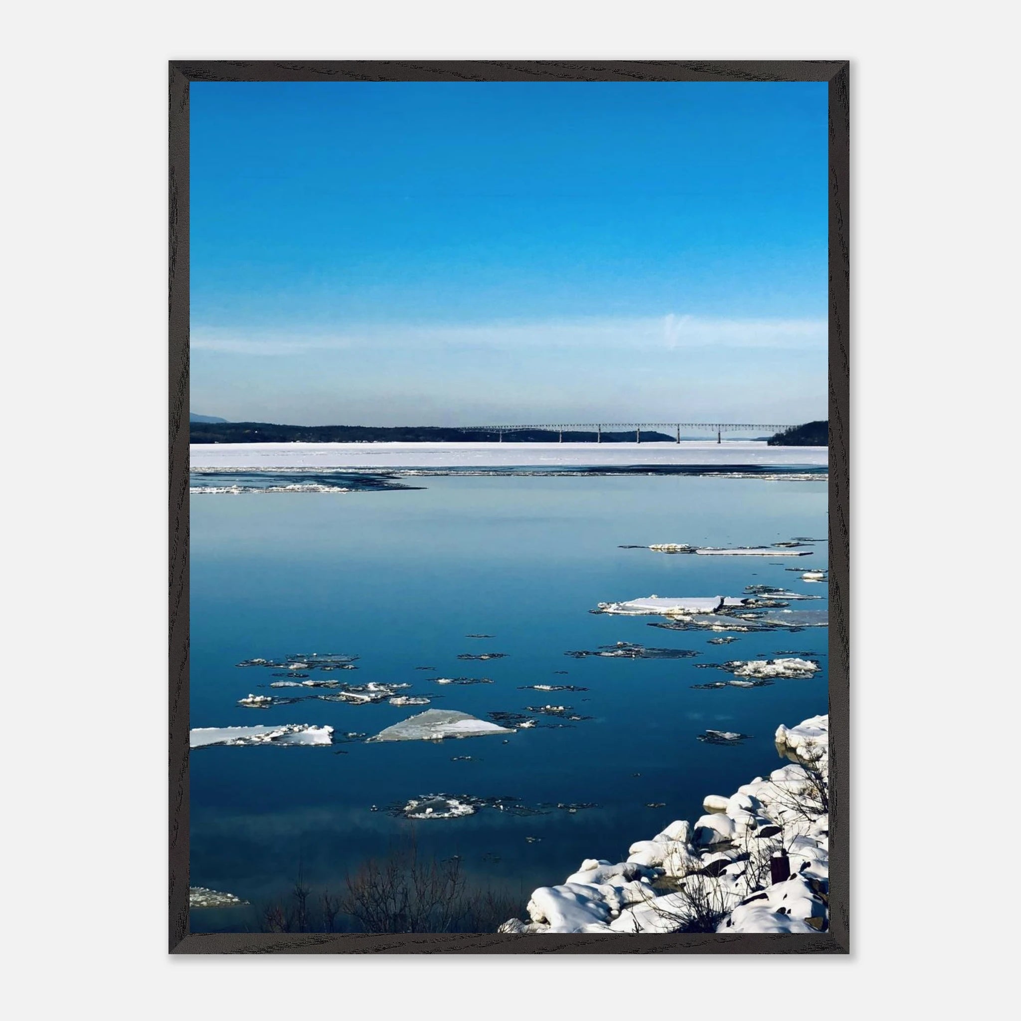 Wooden framed Hudson Valley winter poster featuring snowy landscape, part of the Studio Edition travel collection, holiday-themed print.