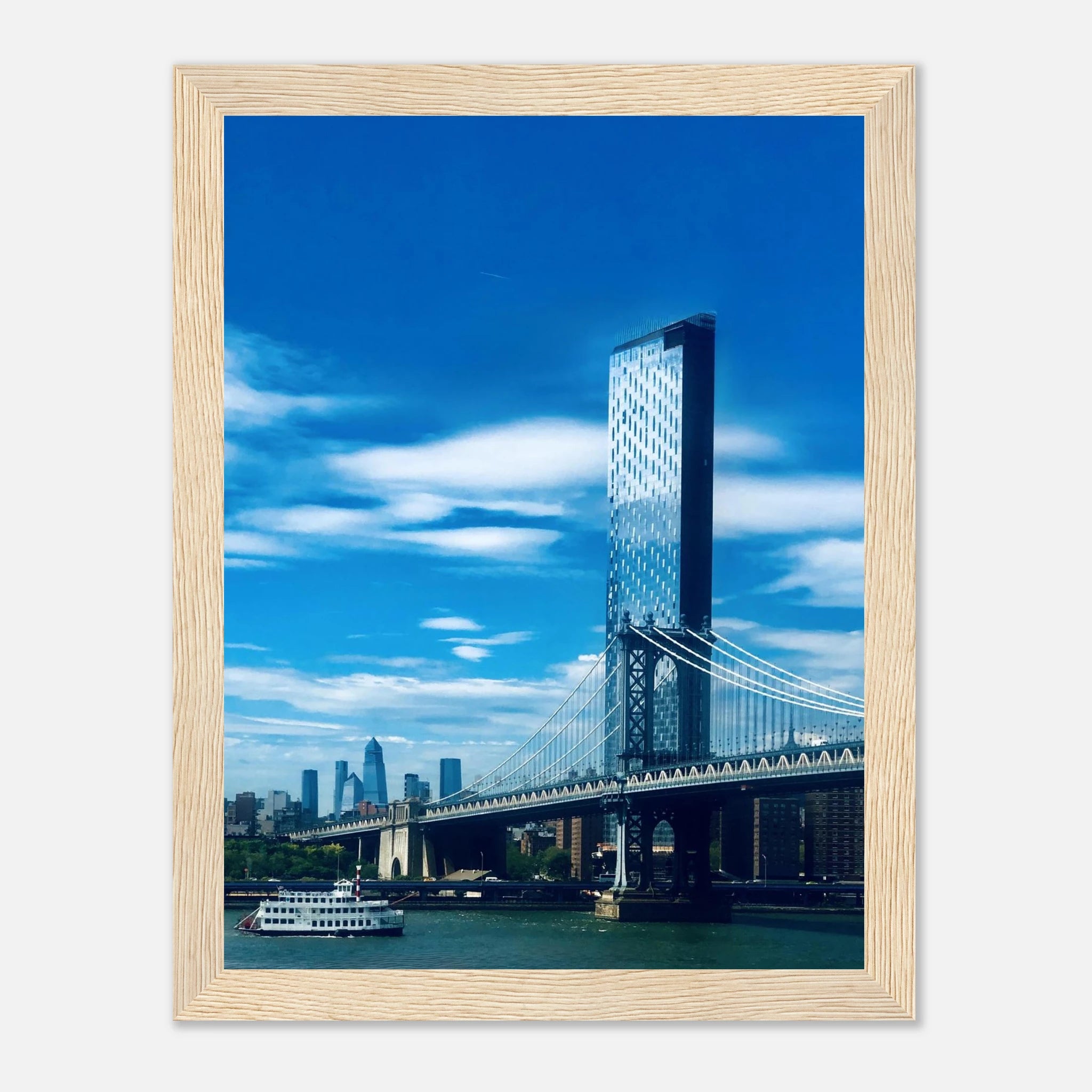 Framed NYC Manhattan Bridge and East River urban photography print, showcasing iconic New York City skyline and bridge details.
