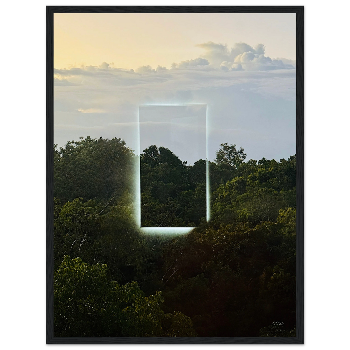 Color print of "A Window into Jungle Stillness" art by CaliCuration, showcasing lush jungle scenery in a serene, detailed image.