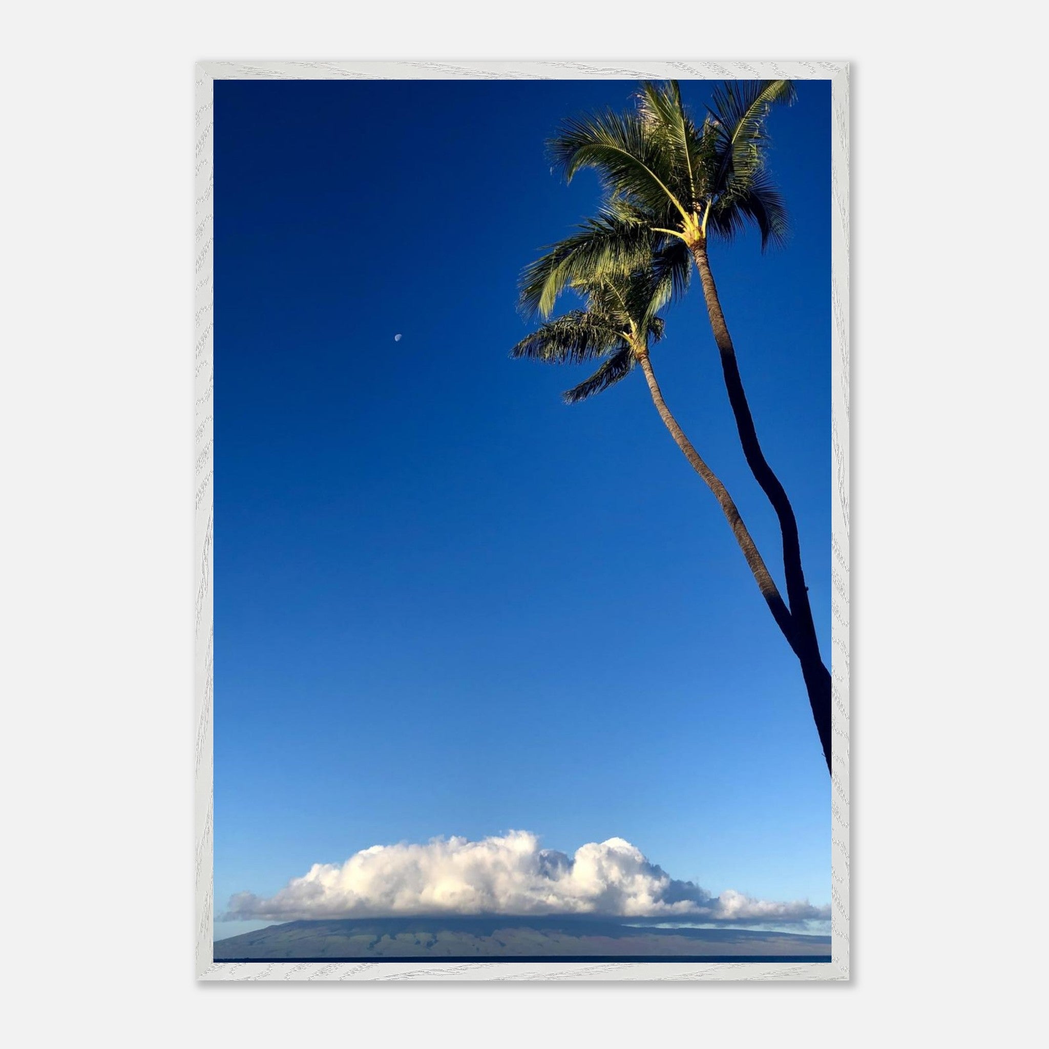 Hawaii Volcano Clouds and Pacific scene framed print by CaliCuration, showcasing vibrant island landscape and volcanic clouds.