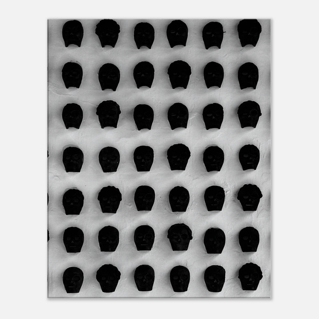 Black and white monochrome skull grid canvas wall art, minimalist statement photography from the Travel Collection Studio Edition.