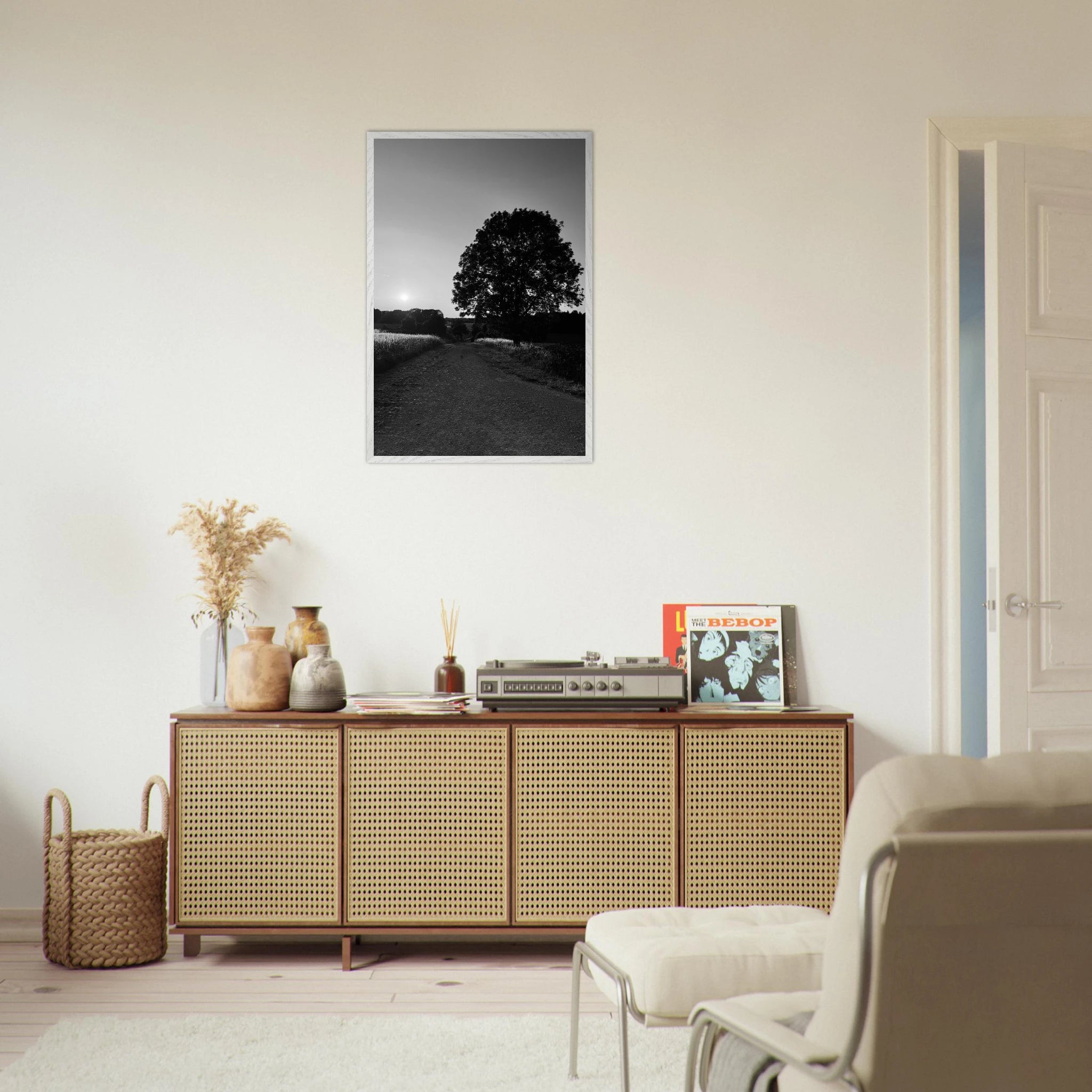 Mounted wooden framed black and white poster of summer in the English Cotswolds countryside, part of the travel collection.