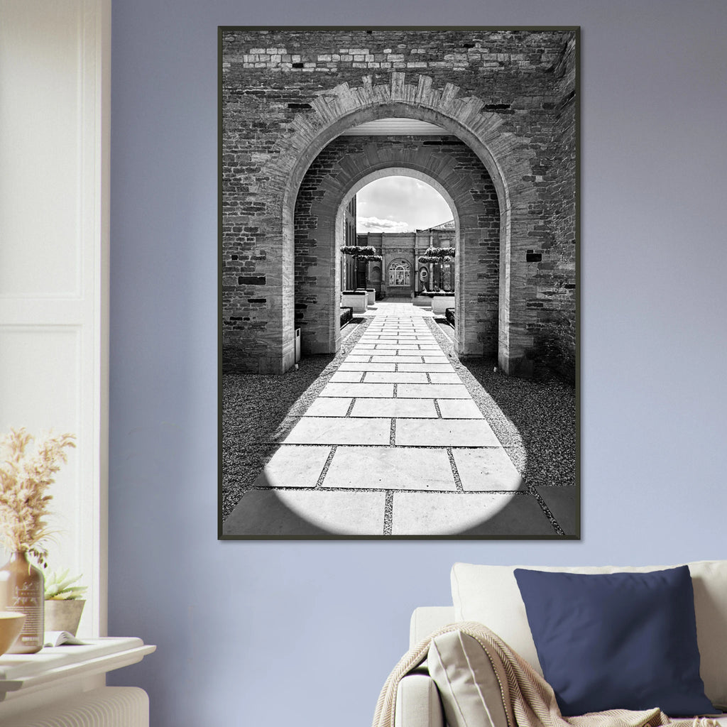 Black and white aluminum framed poster of summer light and shadows from the Cotswolds Estate travel collection, studio edition print.