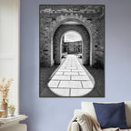 Black and white aluminum framed poster of summer light and shadows from the Cotswolds Estate travel collection, studio edition print.