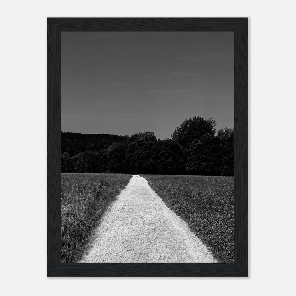 Black and white framed poster of a summer road scene from the Travel Collection, printed on semi-glossy paper, Studio Edition.