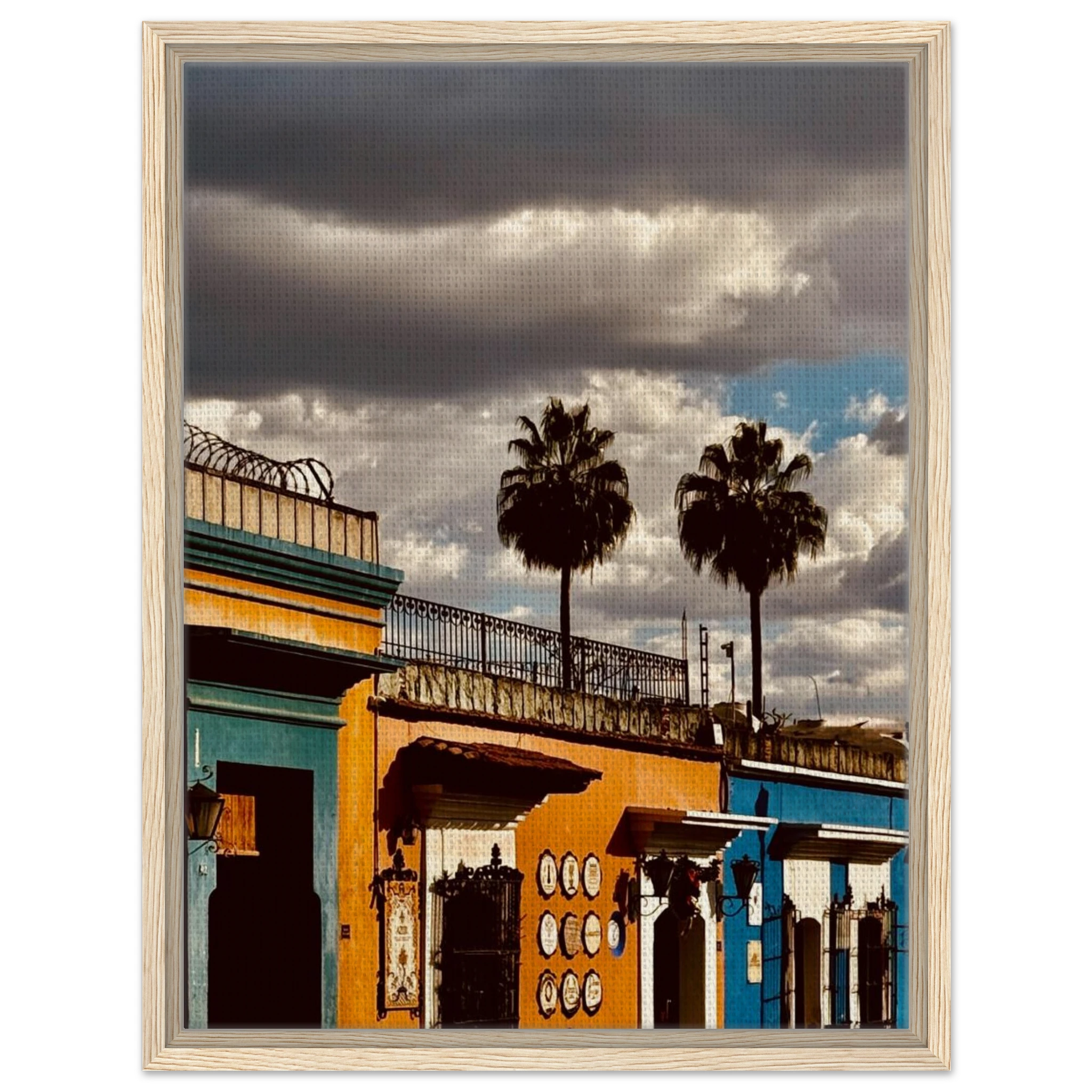 Framed canvas print of two palm trees in Oaxaca, Mexico, from CaliCuration's travel collection, spring 2026 studio edition.