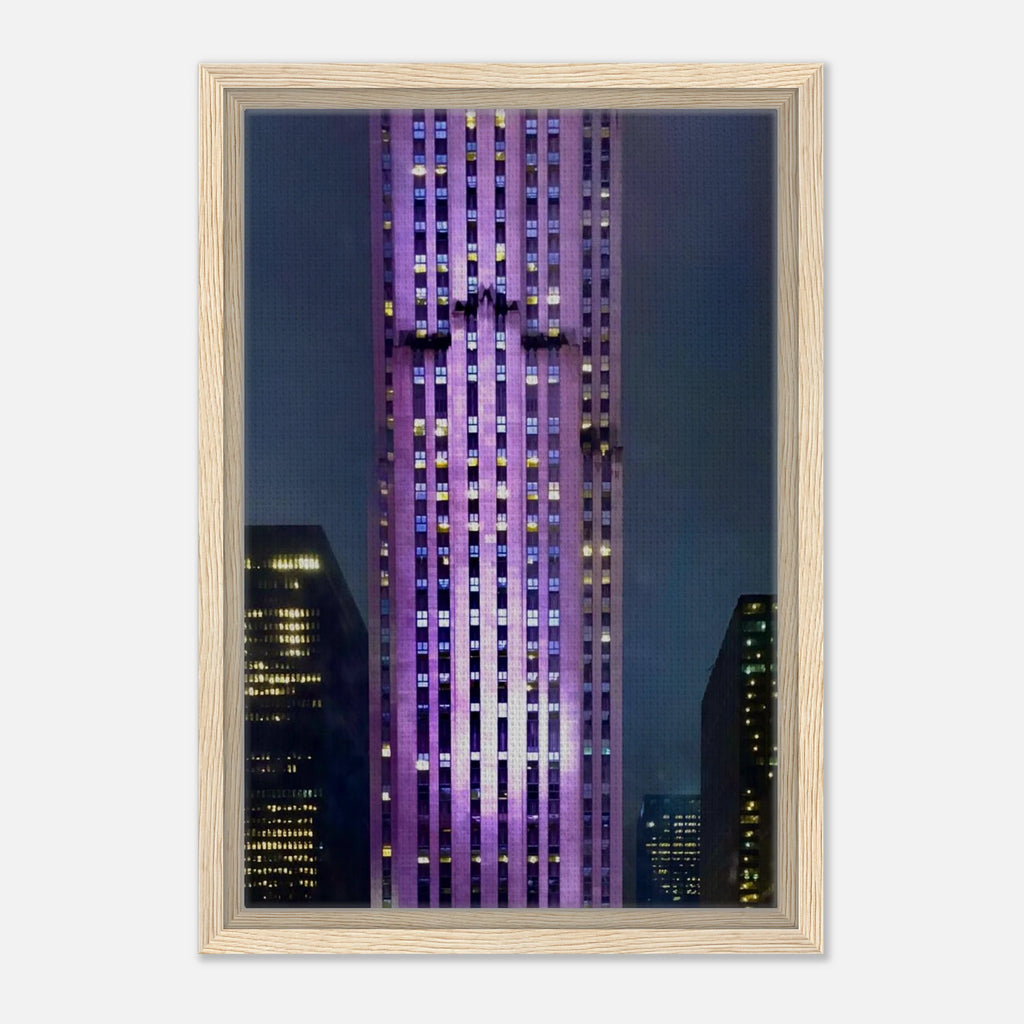 Framed canvas print of NYC holiday skyline in purple hues from the Studio Edition Travel Collection, featuring a vibrant cityscape.