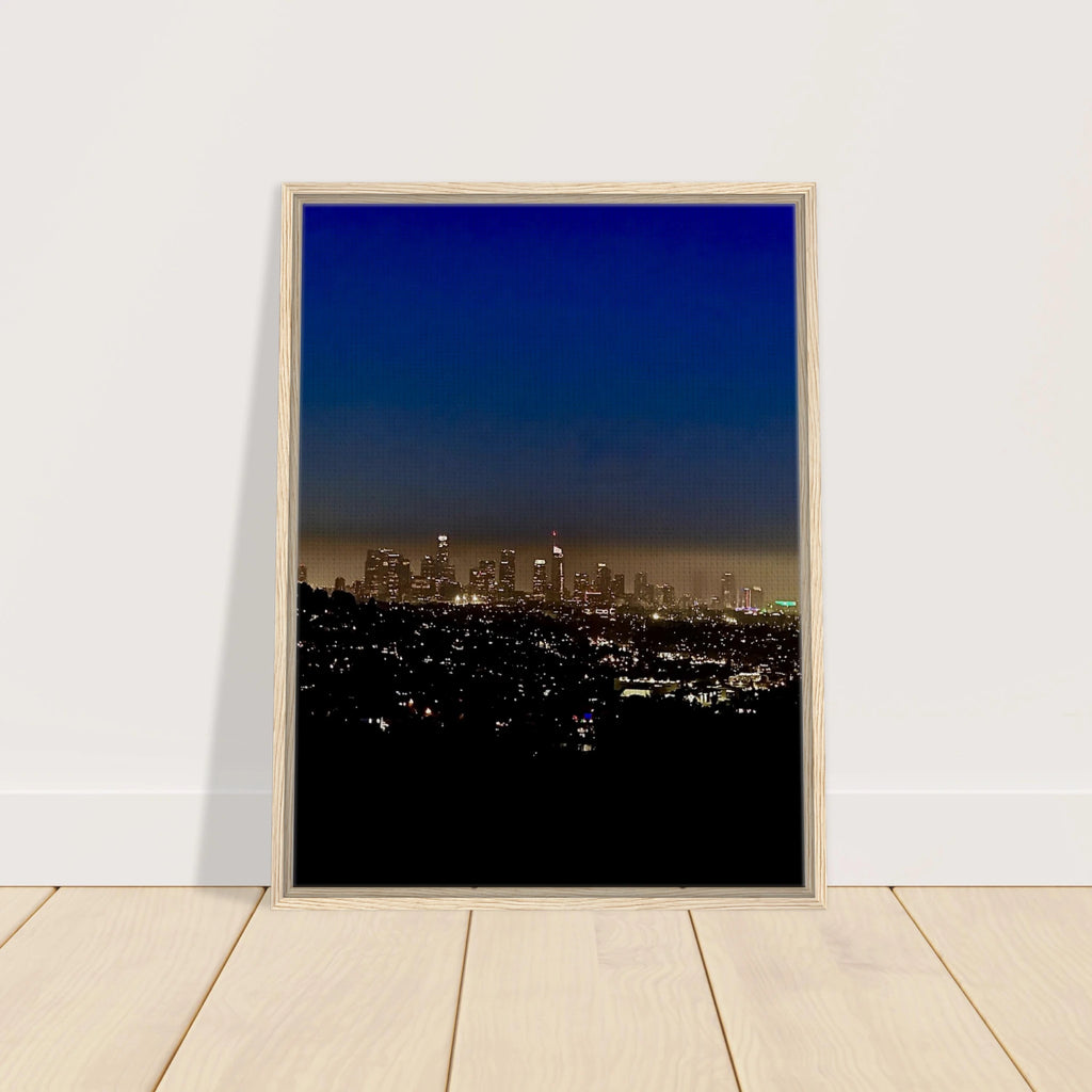 Premium wooden framed canvas print of Los Angeles Downtown Nightglow, elegant California wall art by My Store, studio edition.