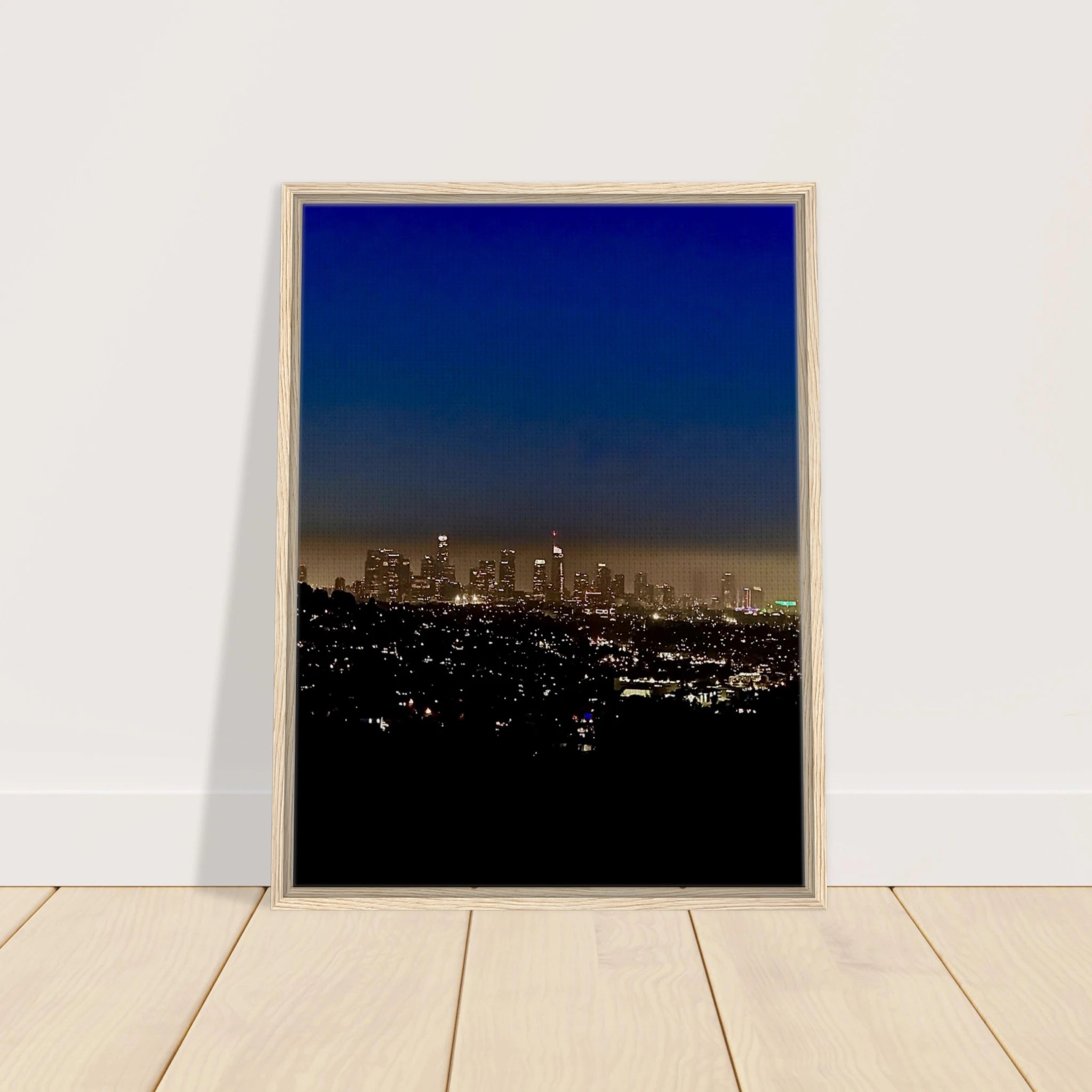 Premium wooden framed canvas print of Los Angeles Downtown Nightglow, elegant California wall art by My Store, studio edition.