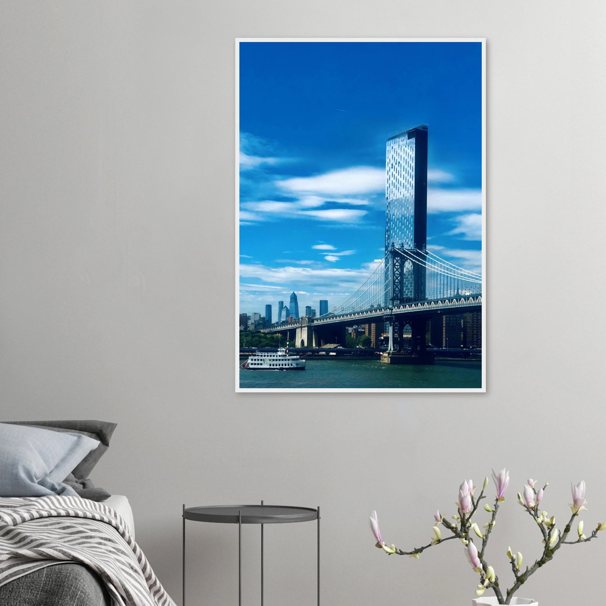 Framed NYC Manhattan Bridge and East River cityscape poster, urban photography print from the Travel Collection, Studio Edition.
