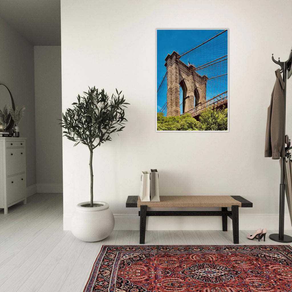 Framed NYC Brooklyn Bridge poster featuring a Dumbo view, perfect for travel decor, from the Studio Edition collection.