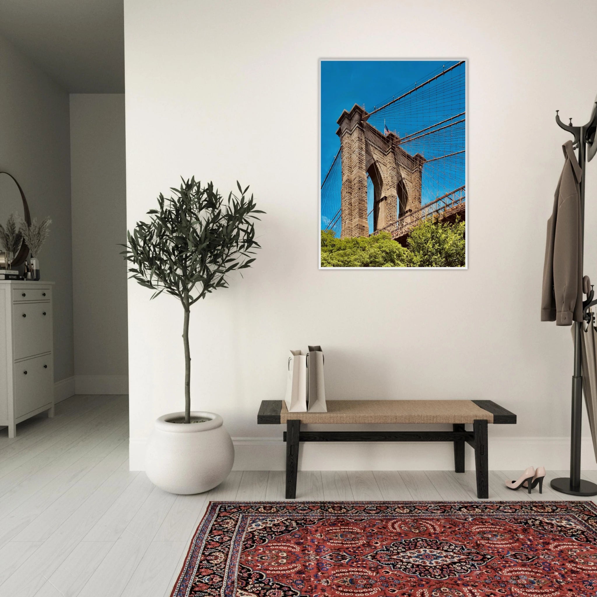 Framed NYC Brooklyn Bridge poster showcasing Dumbo view, part of the Studio Edition travel collection, printed on high-quality material.