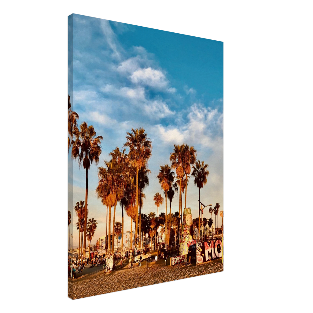 SoCal Beach canvas print featuring palm trees and graffiti-inspired California wall art on high-quality print material