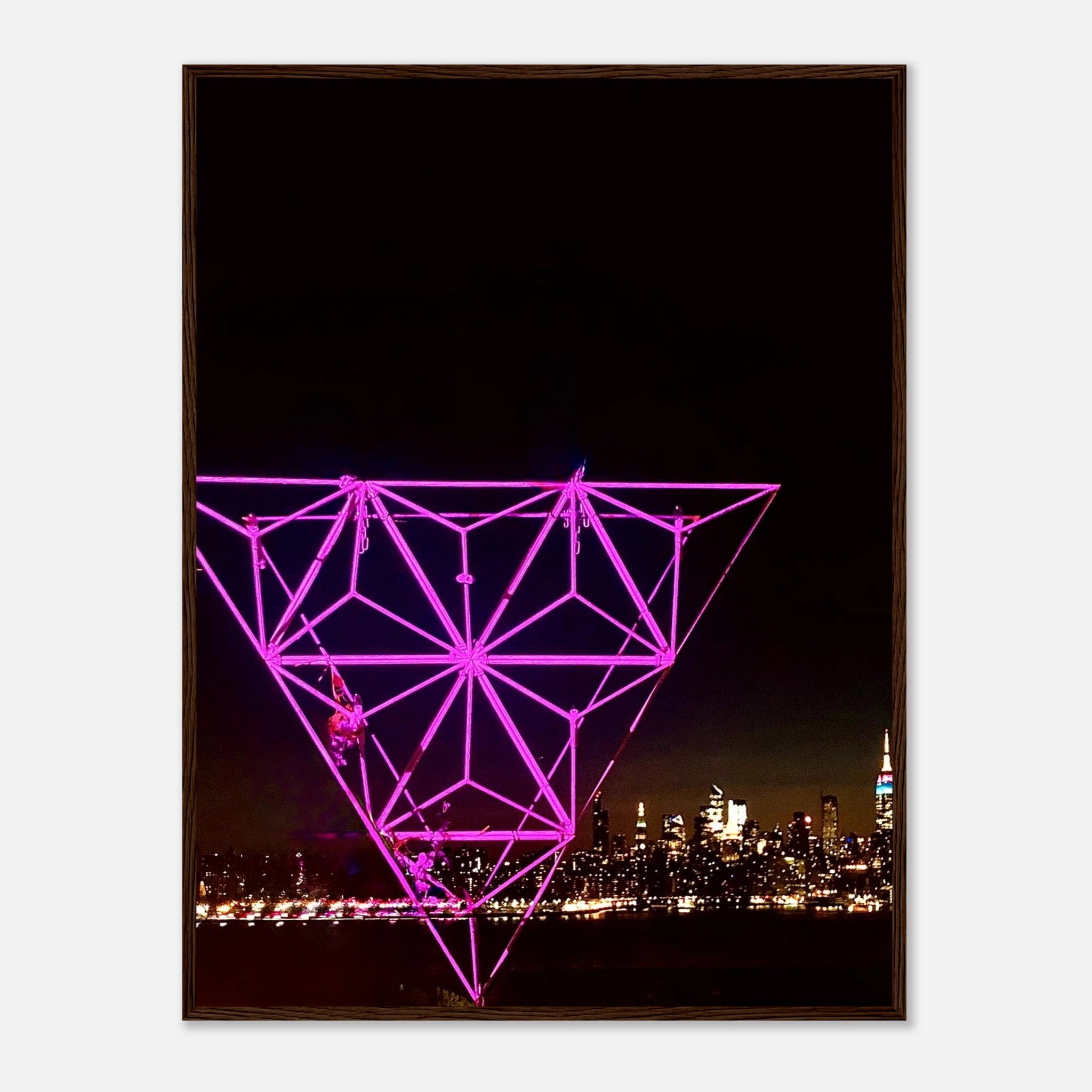 Framed print of New York City holiday art installation showcasing Manhattan night view with Empire State Building, part of travel collection.