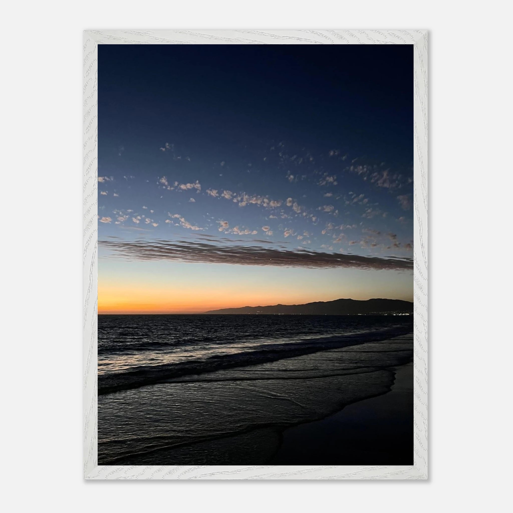 Premium wooden framed poster of a vibrant SoCal fall sunset scene, mounted on a semi-glossy surface for home decor.