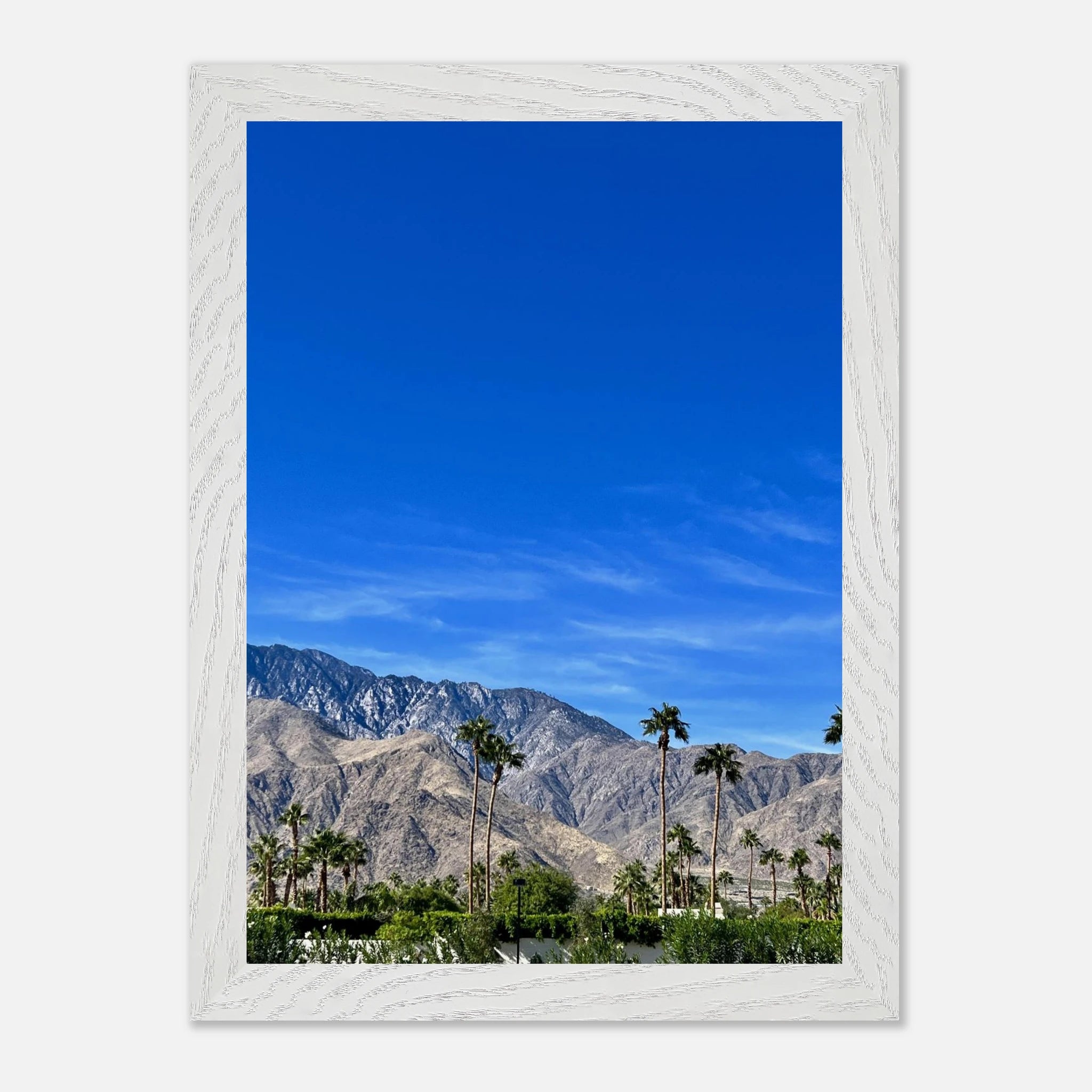 Premium wooden framed poster of a sunny fall day in Palm Springs California, featuring vibrant autumn colors and scenic landscape.