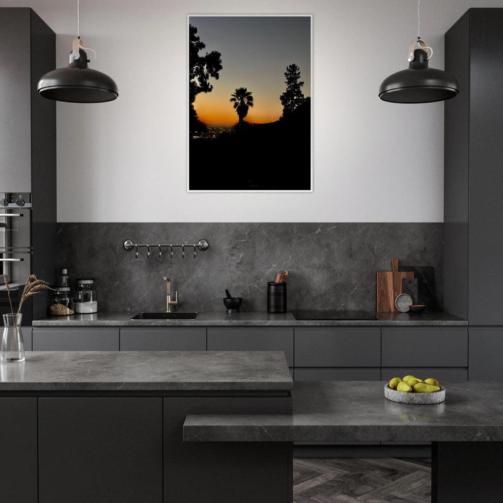 Winter Sunset Laurel Canyon Hollywood Hills framed poster, California art print with vibrant sunset colors and scenic canyon views.