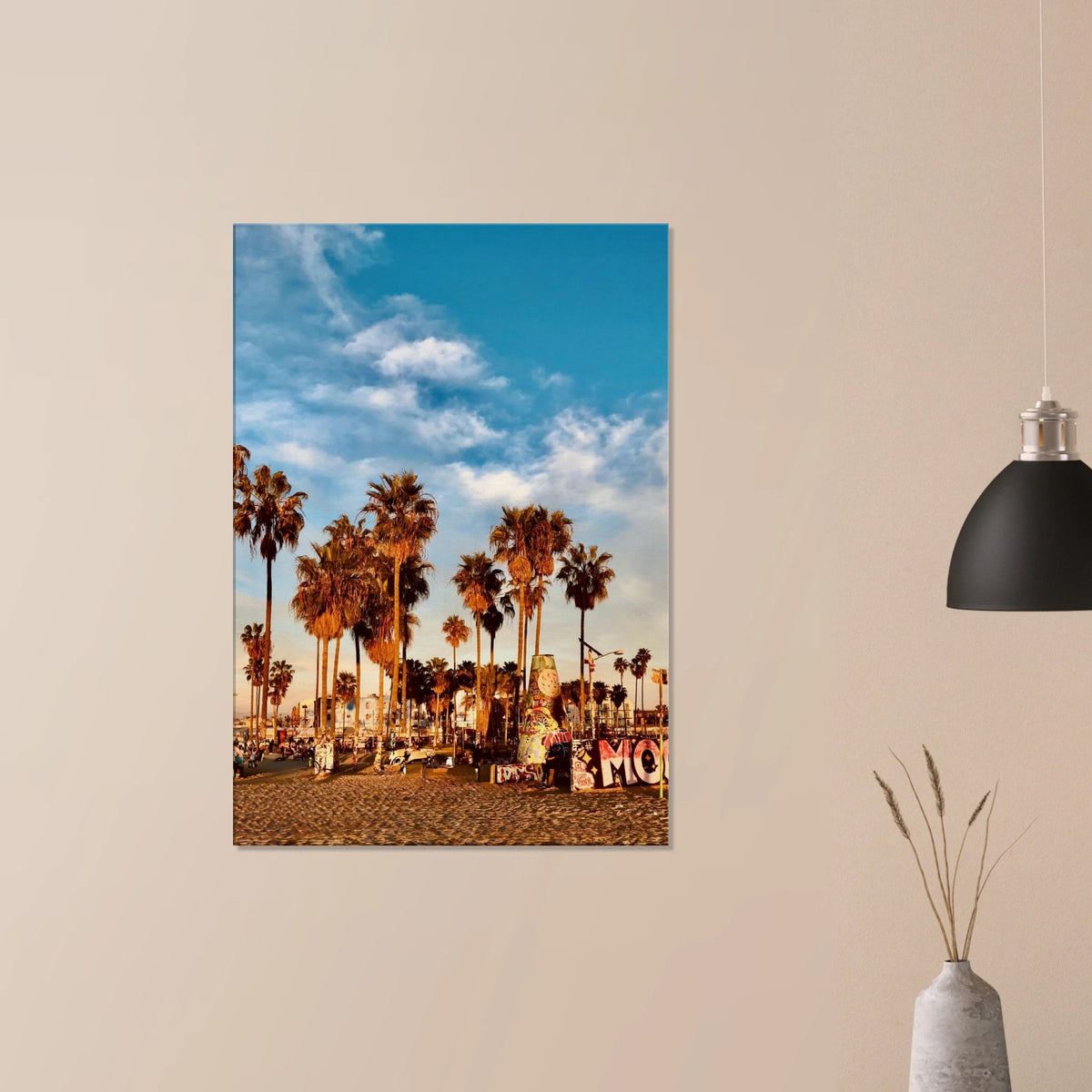 SoCal Beach canvas print featuring palm trees and graffiti-inspired California wall art, printed on high-quality canvas material.