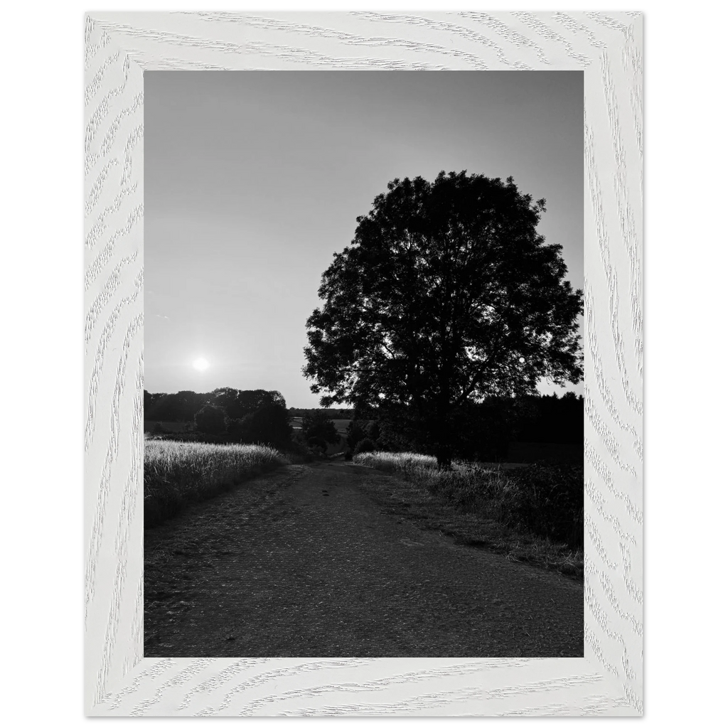 Mounted wooden framed poster of a black and white summer scene in the English Cotswolds, part of the travel collection print.