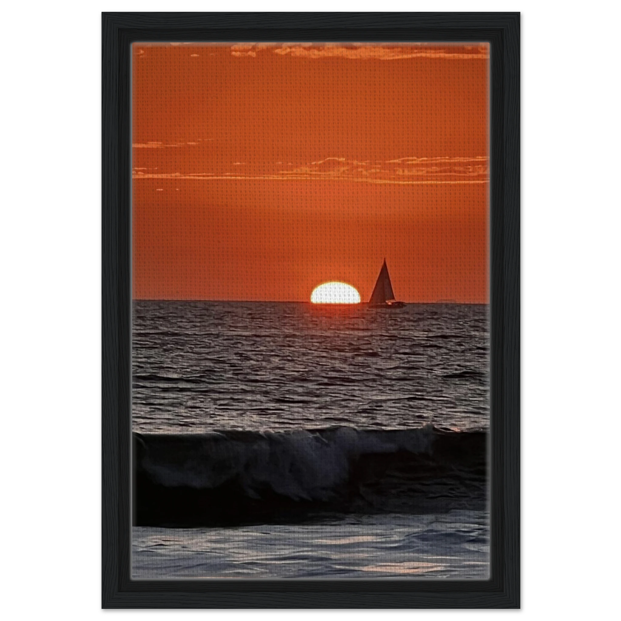 Wooden framed canvas print of California Red Sunset Series 4/4 by CaliCuration, featuring vibrant red sunset hues.