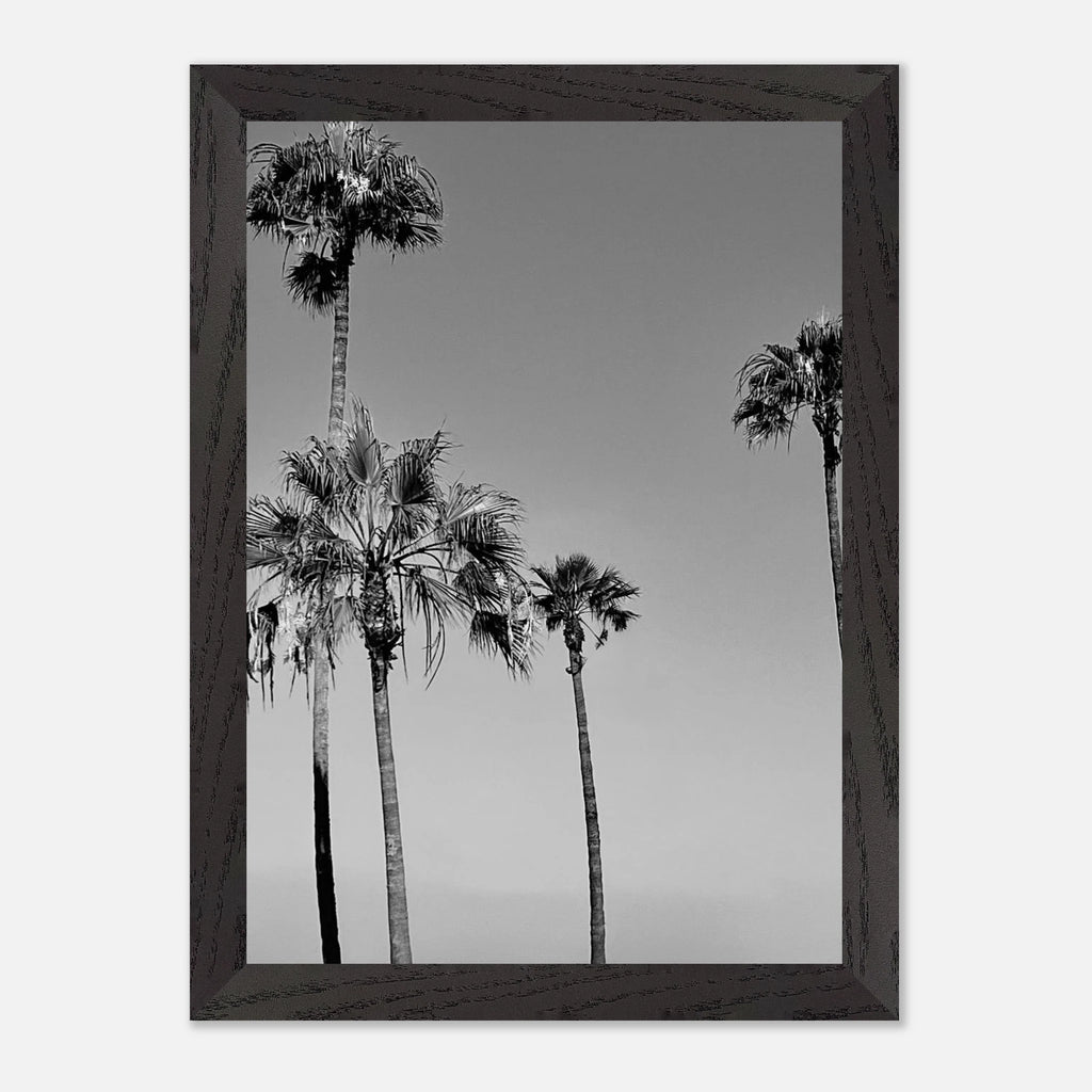 Black and white California poster art in a premium wooden frame featuring SoCal beach icons from the Holiday 25 series.