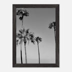 Black and white California poster art in a premium wooden frame featuring SoCal beach icons from the Holiday 25 series.