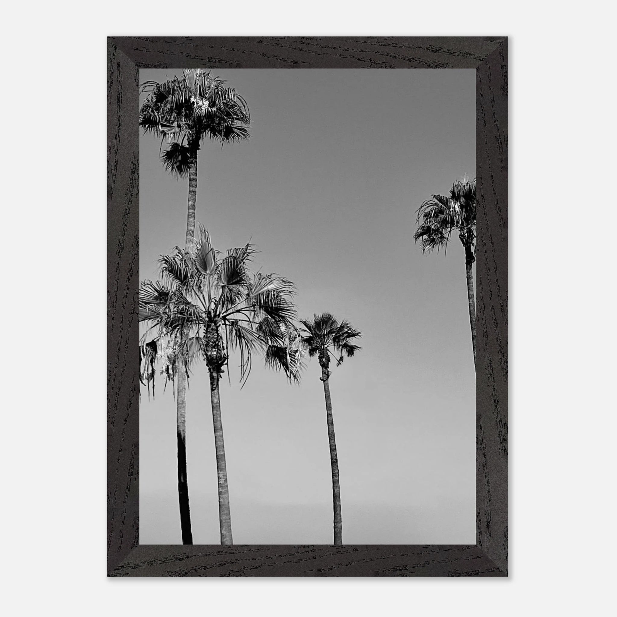 Black and white California poster art in a premium wooden frame featuring SoCal beach icons from the Holiday 25 series.