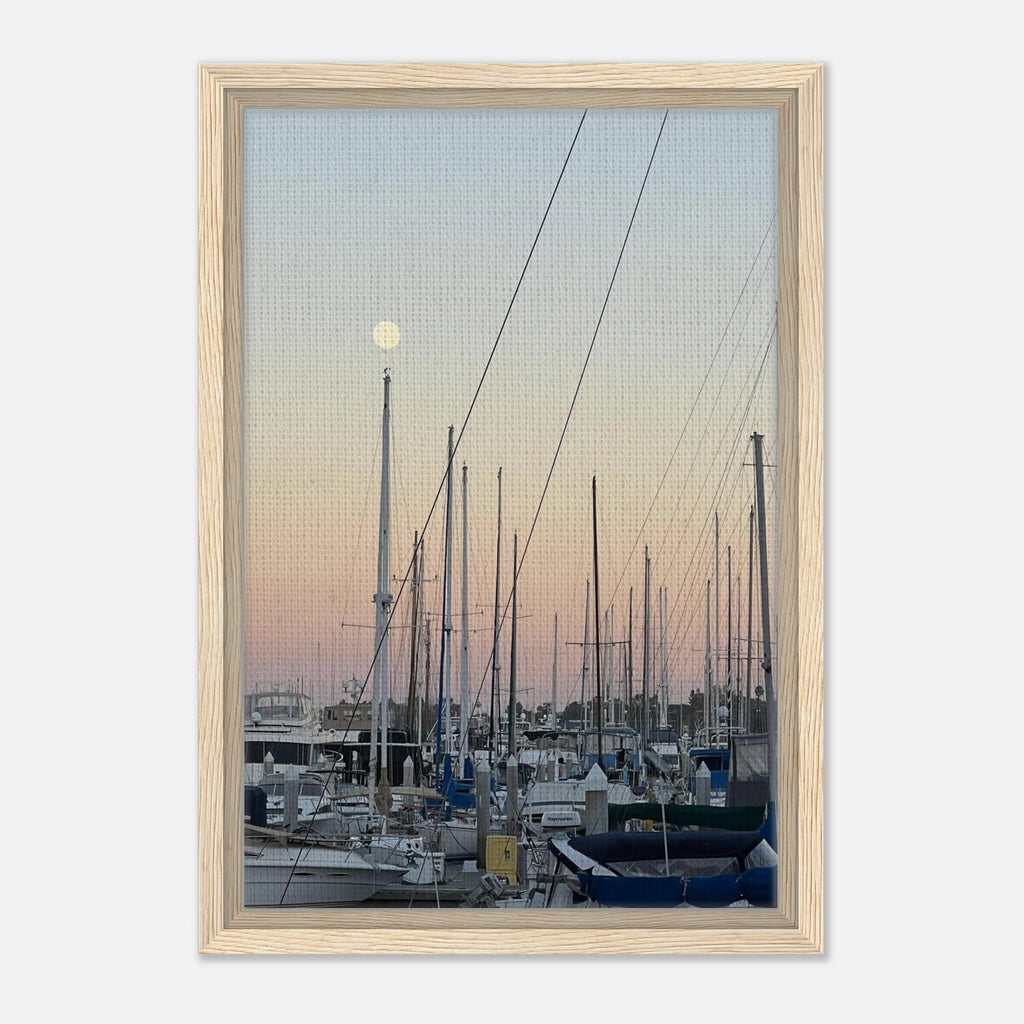 Framed canvas art print of a summer evening marina scene in Marina Del Rey, California with nautical and chic tones.